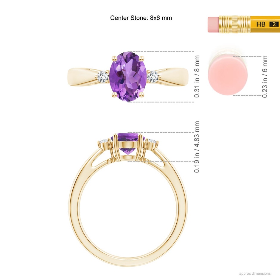 8x6mm AA Tapered Shank Amethyst Solitaire Ring with Diamond Accents in 18K Yellow Gold ruler