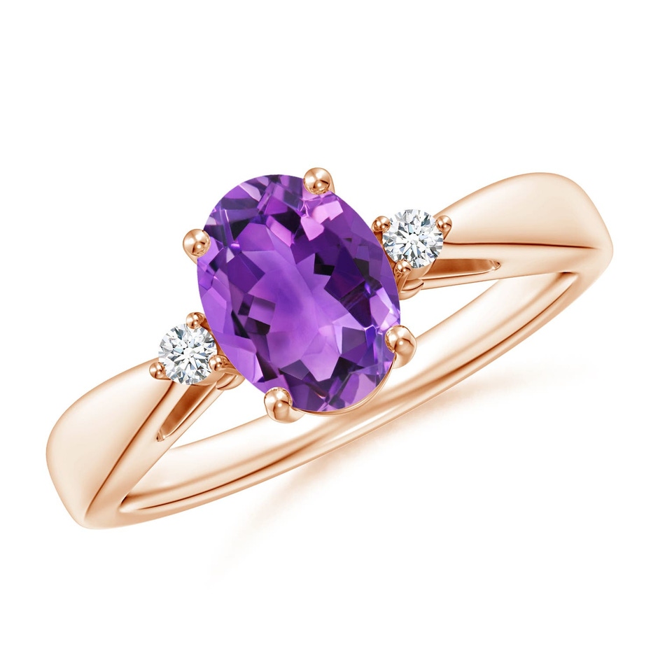8x6mm AAA Tapered Shank Amethyst Solitaire Ring with Diamond Accents in Rose Gold 