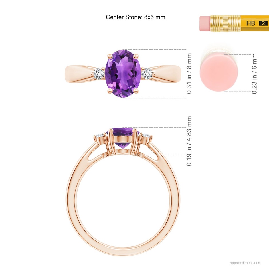 8x6mm AAA Tapered Shank Amethyst Solitaire Ring with Diamond Accents in Rose Gold ruler
