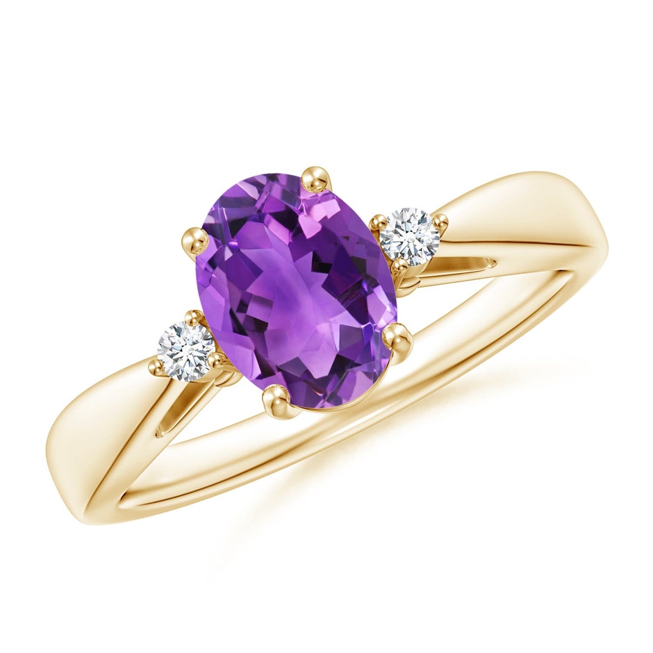 8x6mm AAA Tapered Shank Amethyst Solitaire Ring with Diamond Accents in Yellow Gold 