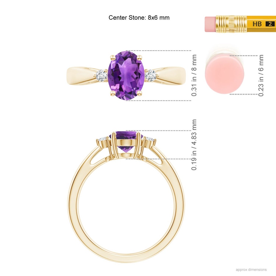 8x6mm AAA Tapered Shank Amethyst Solitaire Ring with Diamond Accents in Yellow Gold ruler