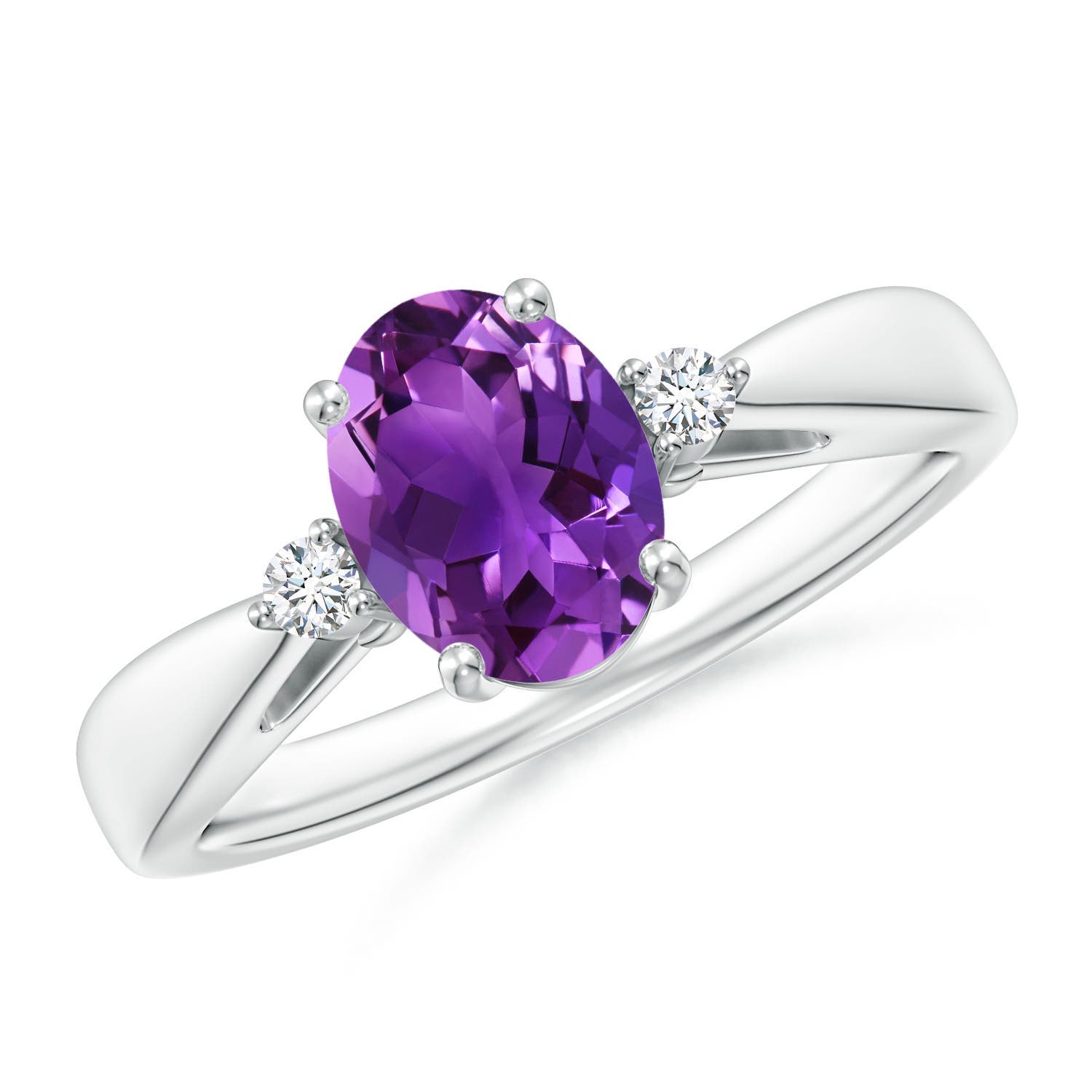 8x6mm AAAA Tapered Shank Amethyst Solitaire Ring with Diamond Accents in 18CT White Gold