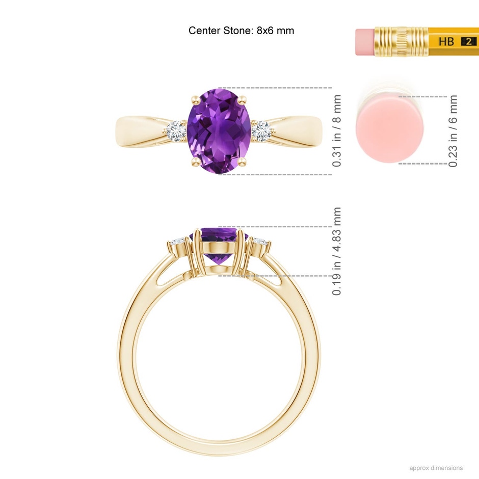 8x6mm AAAA Tapered Shank Amethyst Solitaire Ring with Diamond Accents in 18K Yellow Gold ruler