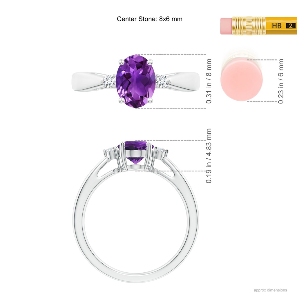 8x6mm AAAA Tapered Shank Amethyst Solitaire Ring with Diamond Accents in P950 Platinum Ruler
