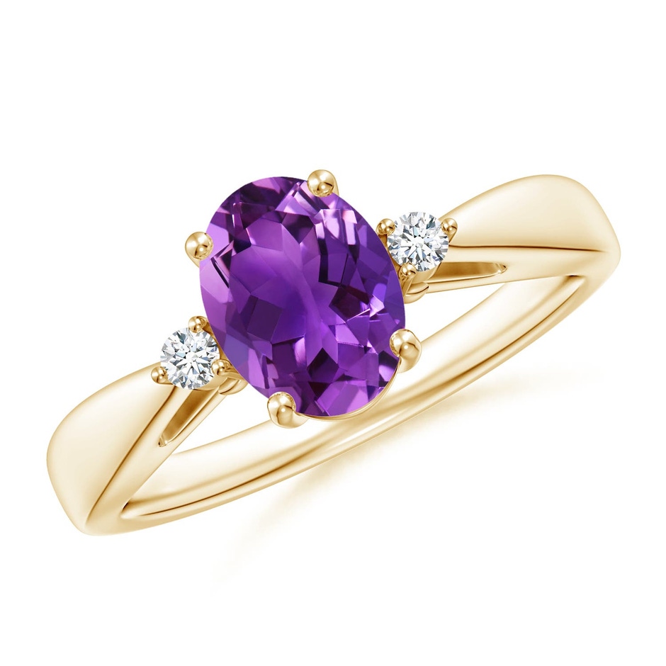 8x6mm AAAA Tapered Shank Amethyst Solitaire Ring with Diamond Accents in Yellow Gold 