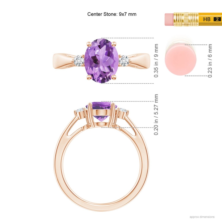 9x7mm A Tapered Shank Amethyst Solitaire Ring with Diamond Accents in 18K Rose Gold ruler