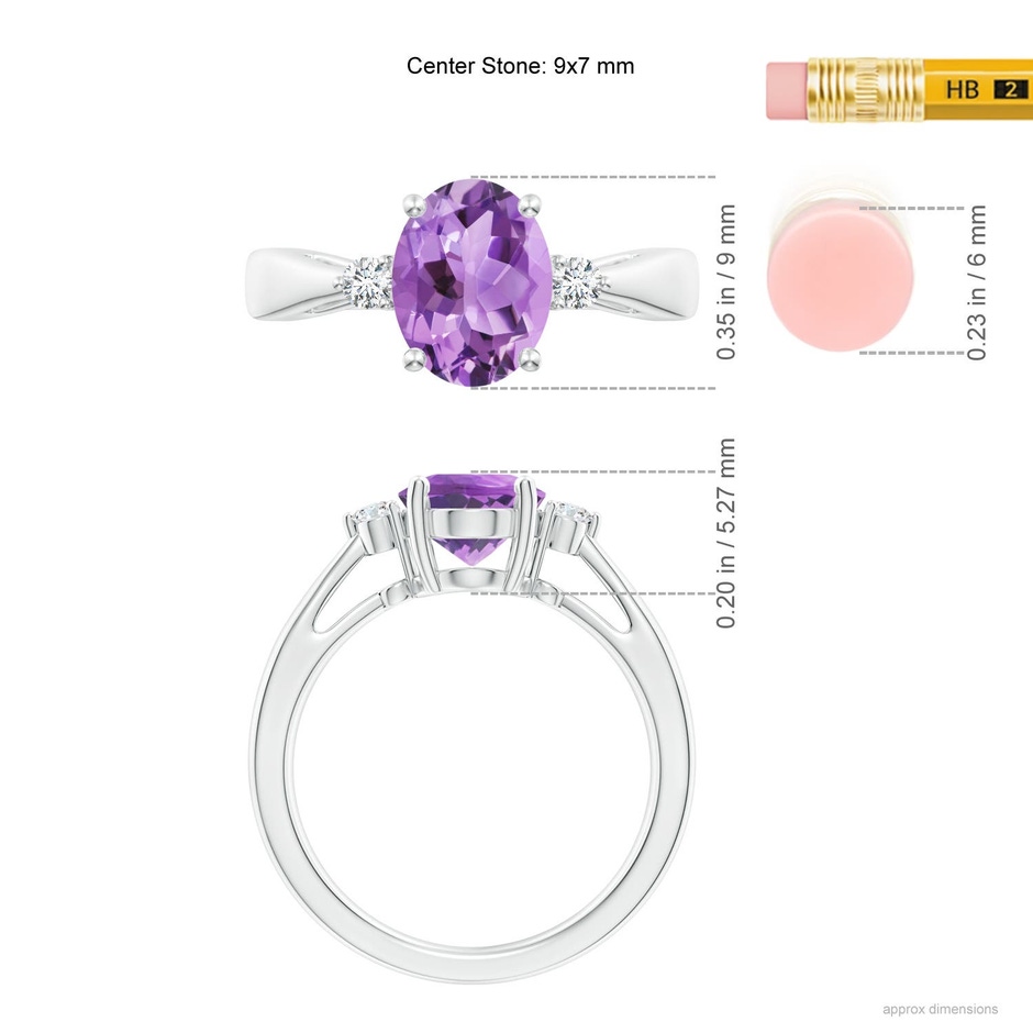 9x7mm A Tapered Shank Amethyst Solitaire Ring with Diamond Accents in 18K White Gold ruler