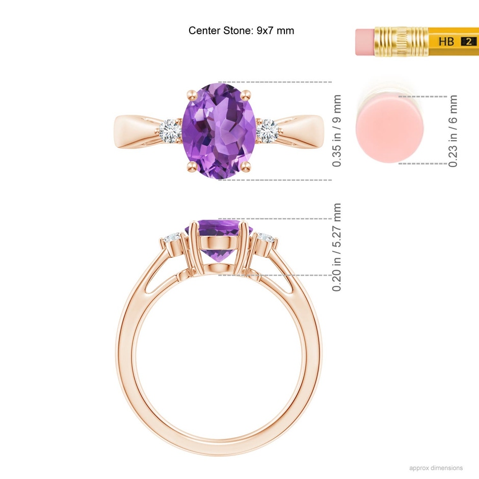 9x7mm AA Tapered Shank Amethyst Solitaire Ring with Diamond Accents in 18K Rose Gold ruler