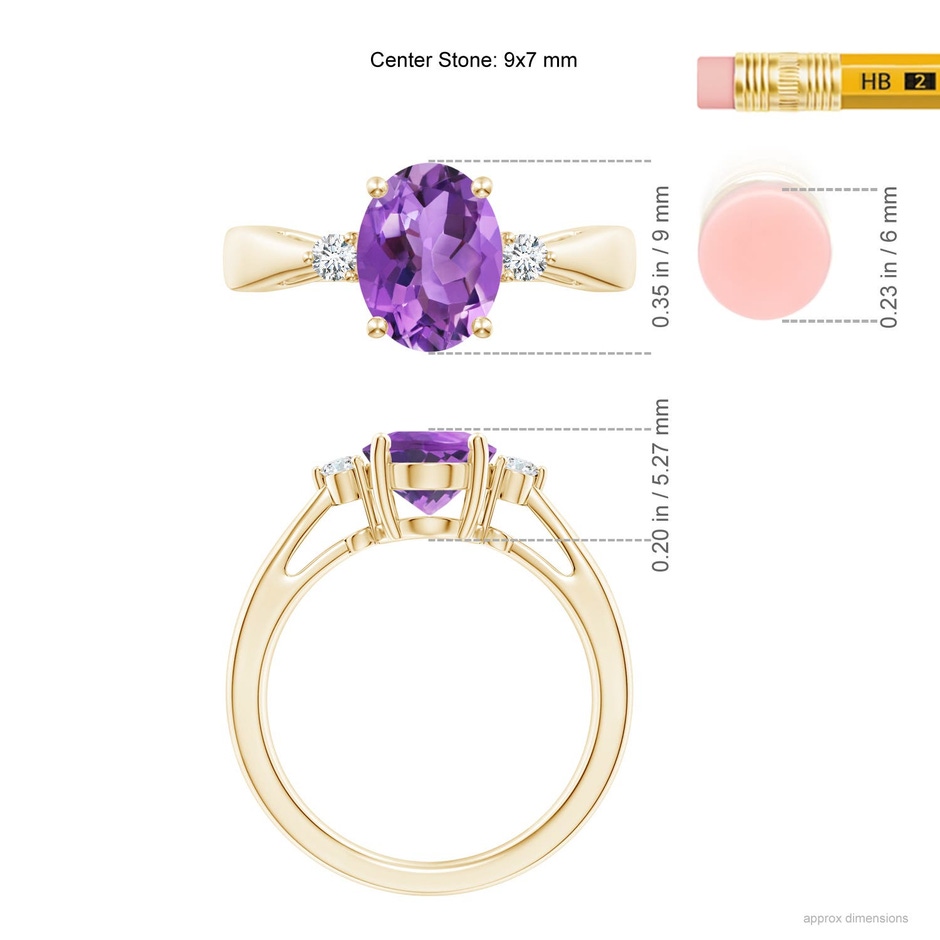 9x7mm AA Tapered Shank Amethyst Solitaire Ring with Diamond Accents in 18K Yellow Gold ruler
