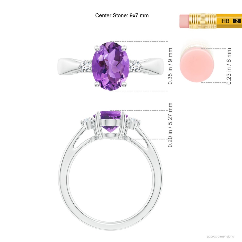 9x7mm AA Tapered Shank Amethyst Solitaire Ring with Diamond Accents in P950 Platinum ruler