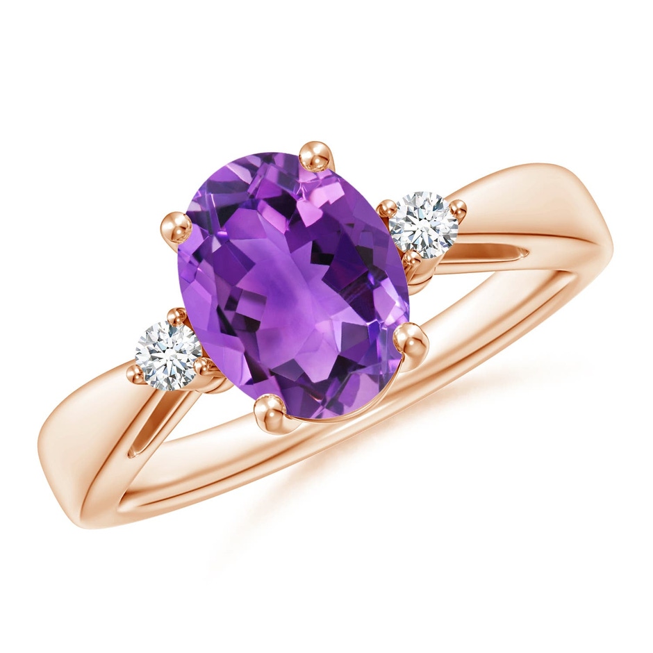 9x7mm AAA Tapered Shank Amethyst Solitaire Ring with Diamond Accents in 18K Rose Gold 