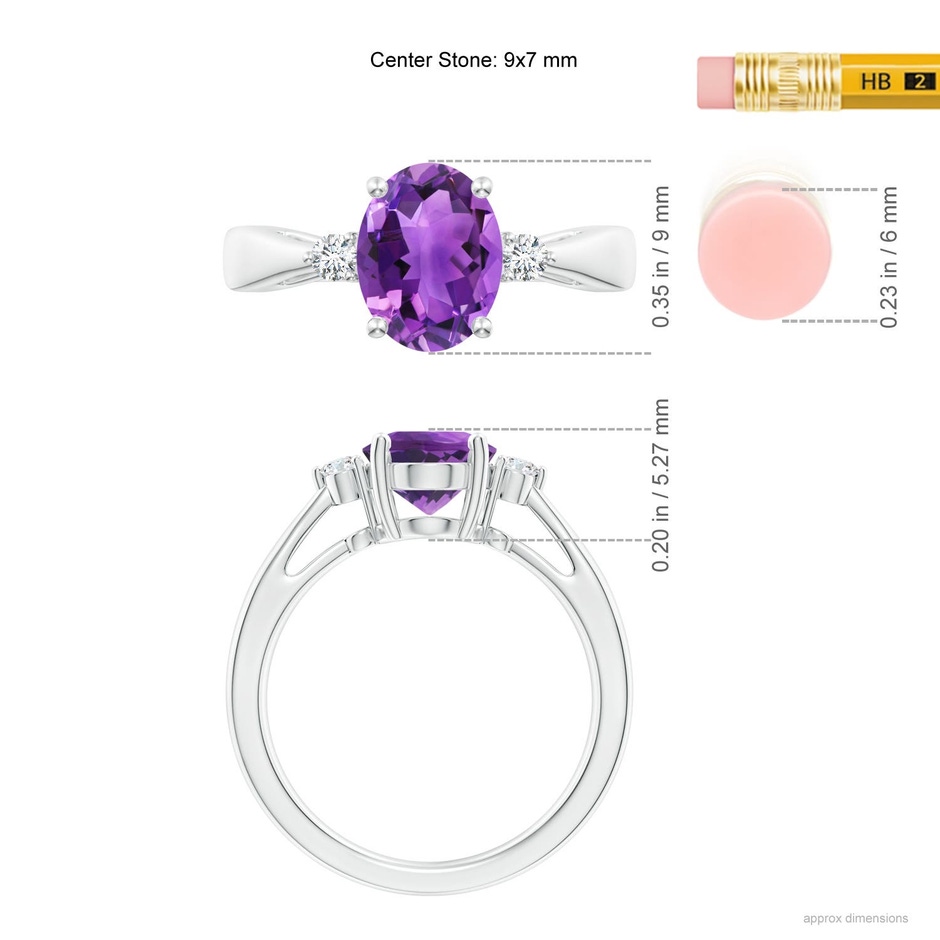 9x7mm AAA Tapered Shank Amethyst Solitaire Ring with Diamond Accents in White Gold ruler