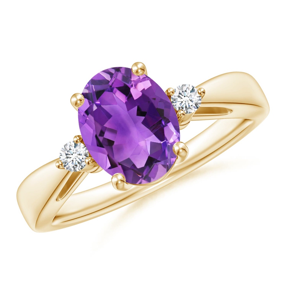 9x7mm AAA Tapered Shank Amethyst Solitaire Ring with Diamond Accents in Yellow Gold 