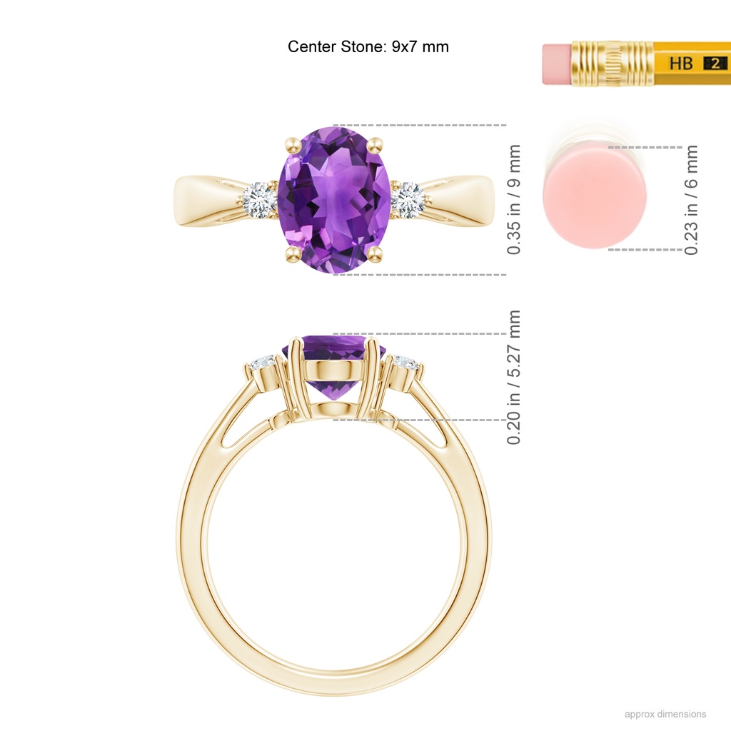 9x7mm AAA Tapered Shank Amethyst Solitaire Ring with Diamond Accents in Yellow Gold Ruler