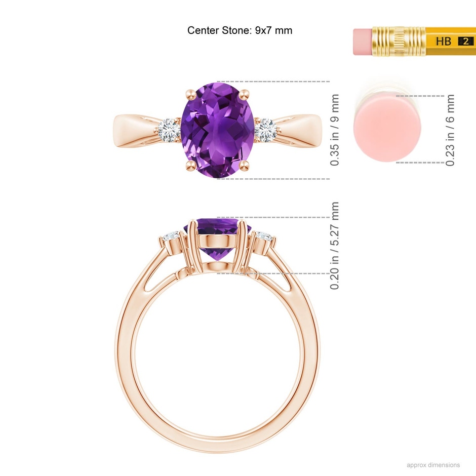 9x7mm AAAA Tapered Shank Amethyst Solitaire Ring with Diamond Accents in 18K Rose Gold ruler