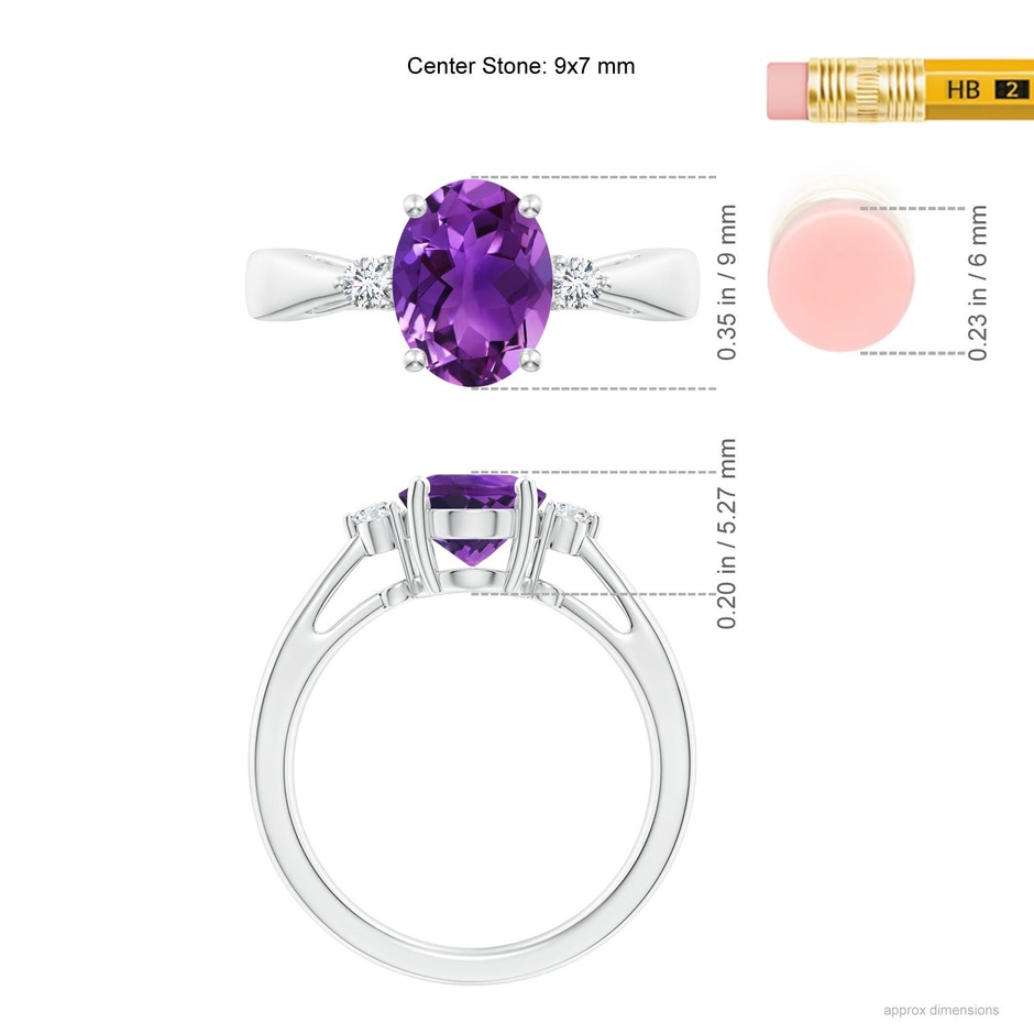 9x7mm AAAA Tapered Shank Amethyst Solitaire Ring with Diamond Accents in 18K White Gold ruler