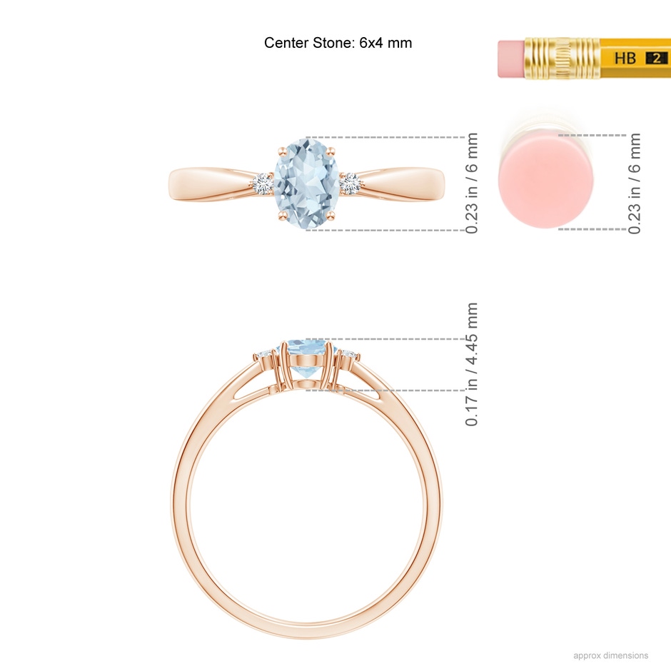 6x4mm A Tapered Shank Aquamarine Solitaire Ring with Diamond Accents in Rose Gold ruler
