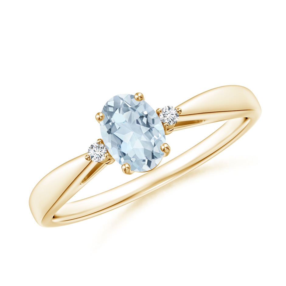 6x4mm A Tapered Shank Aquamarine Solitaire Ring with Diamond Accents in Yellow Gold 