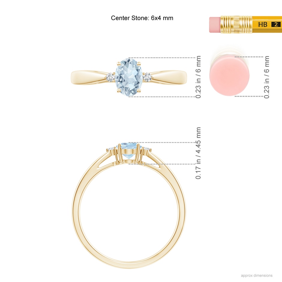 6x4mm A Tapered Shank Aquamarine Solitaire Ring with Diamond Accents in Yellow Gold ruler