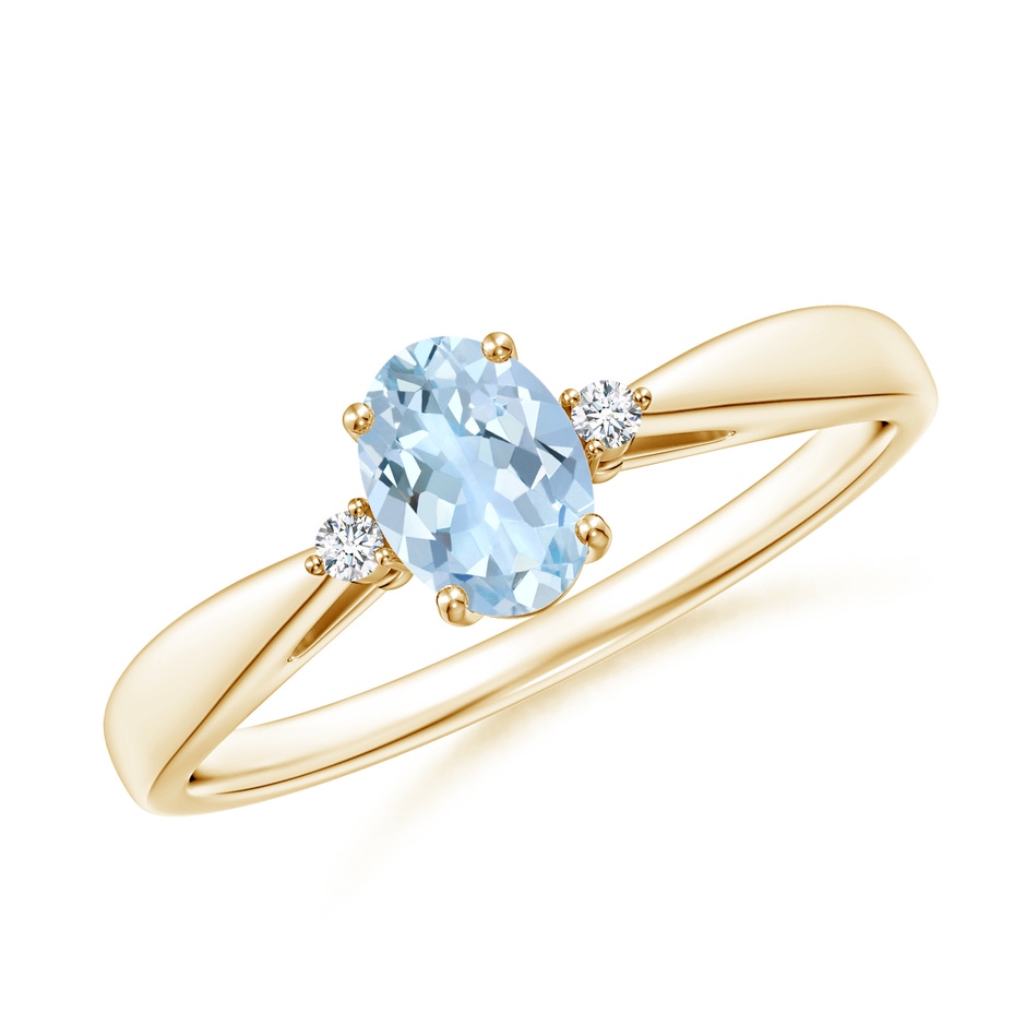 6x4mm AA Tapered Shank Aquamarine Solitaire Ring with Diamond Accents in Yellow Gold 