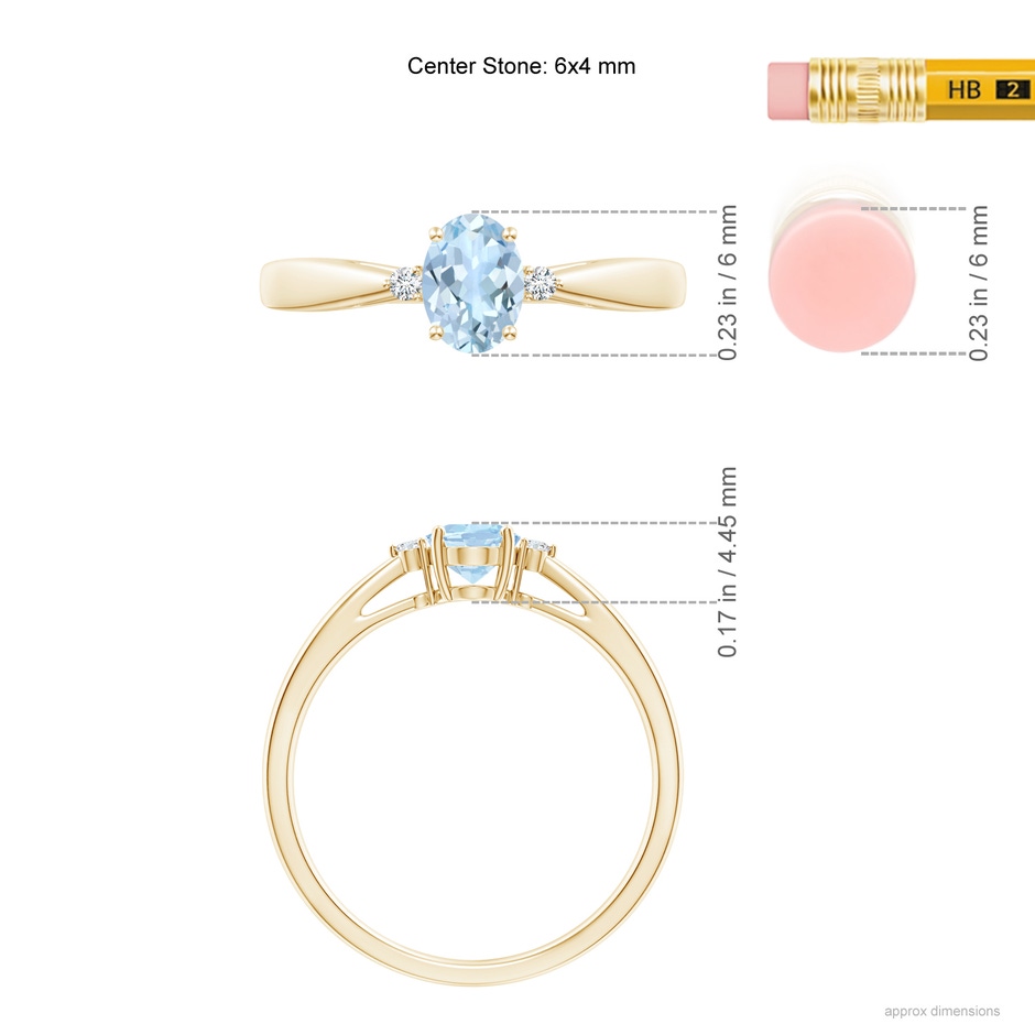 6x4mm AA Tapered Shank Aquamarine Solitaire Ring with Diamond Accents in Yellow Gold ruler