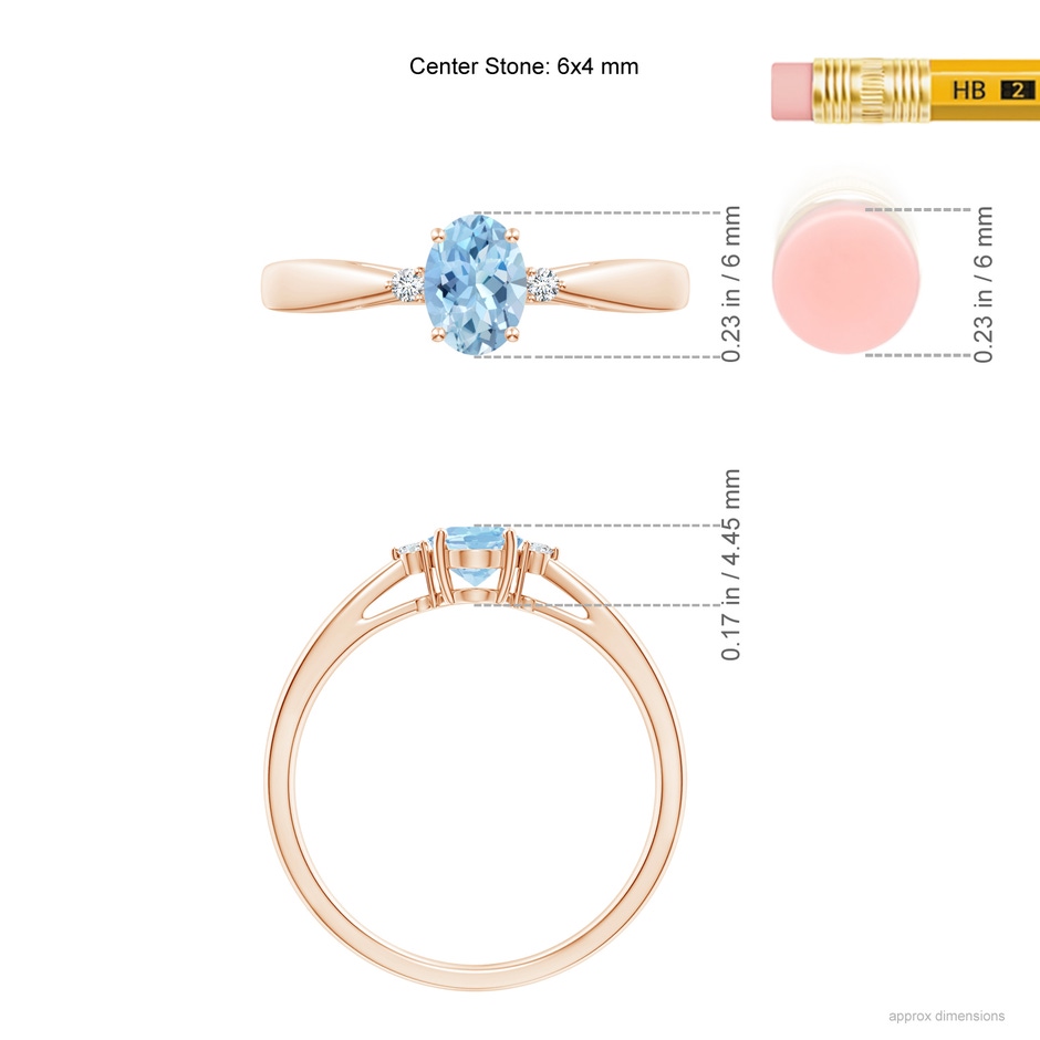 6x4mm AAA Tapered Shank Aquamarine Solitaire Ring with Diamond Accents in Rose Gold ruler