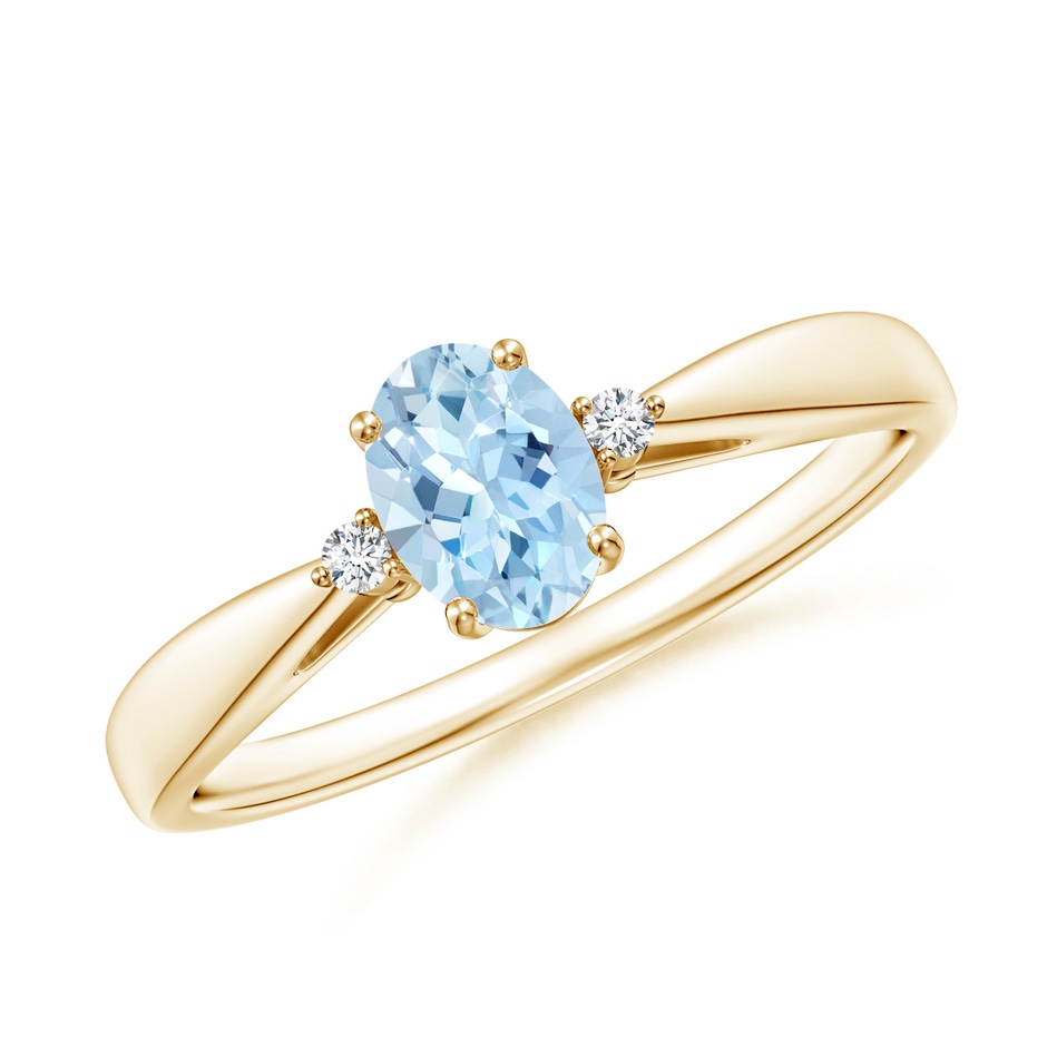 6x4mm AAA Tapered Shank Aquamarine Solitaire Ring with Diamond Accents in Yellow Gold 