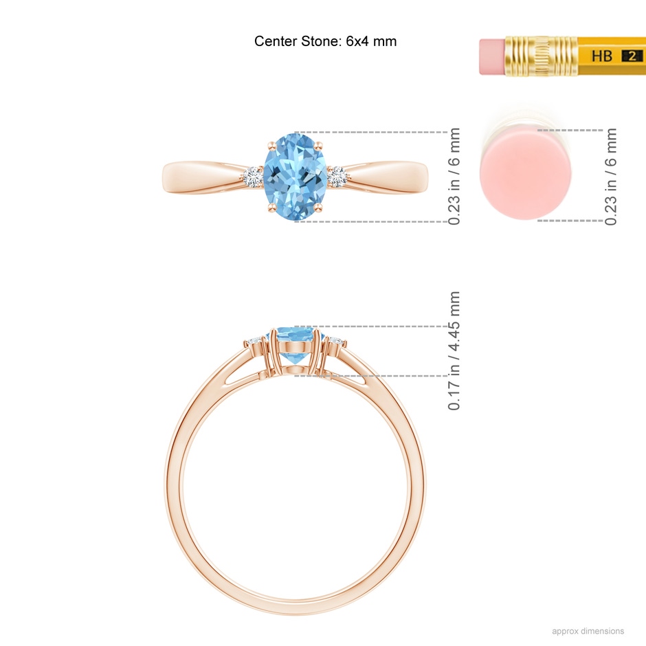 6x4mm AAAA Tapered Shank Aquamarine Solitaire Ring with Diamond Accents in Rose Gold ruler
