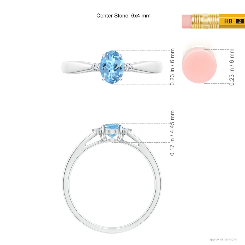 6x4mm AAAA Tapered Shank Aquamarine Solitaire Ring with Diamond Accents in White Gold ruler