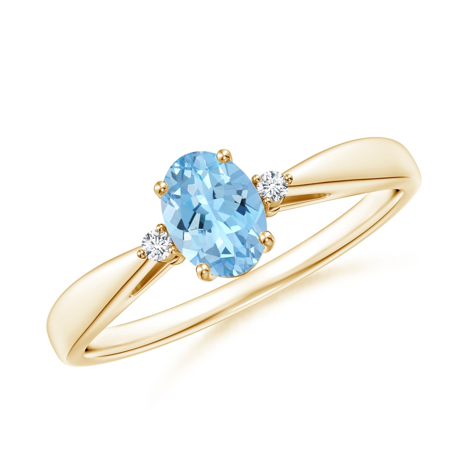 6x4mm AAAA Tapered Shank Aquamarine Solitaire Ring with Diamond Accents in Yellow Gold 