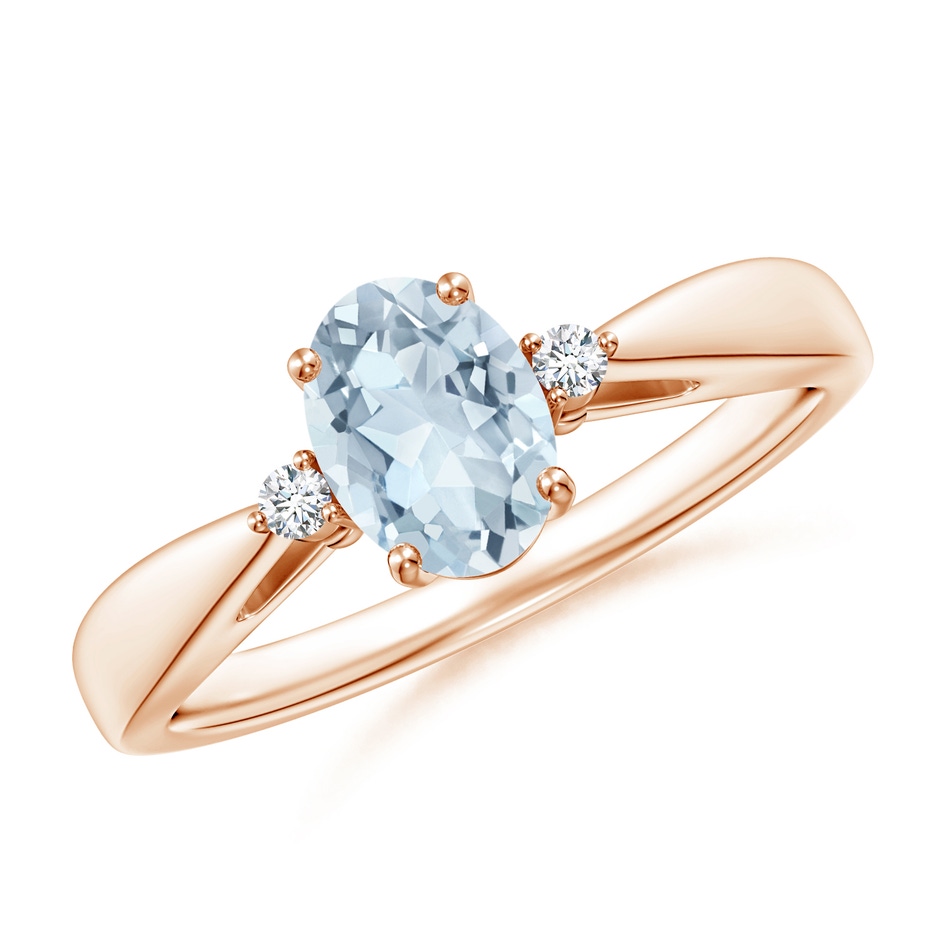 7x5mm A Tapered Shank Aquamarine Solitaire Ring with Diamond Accents in Rose Gold 