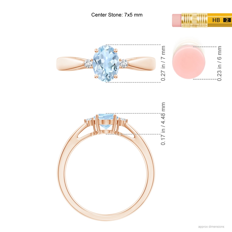 7x5mm AA Tapered Shank Aquamarine Solitaire Ring with Diamond Accents in Rose Gold ruler