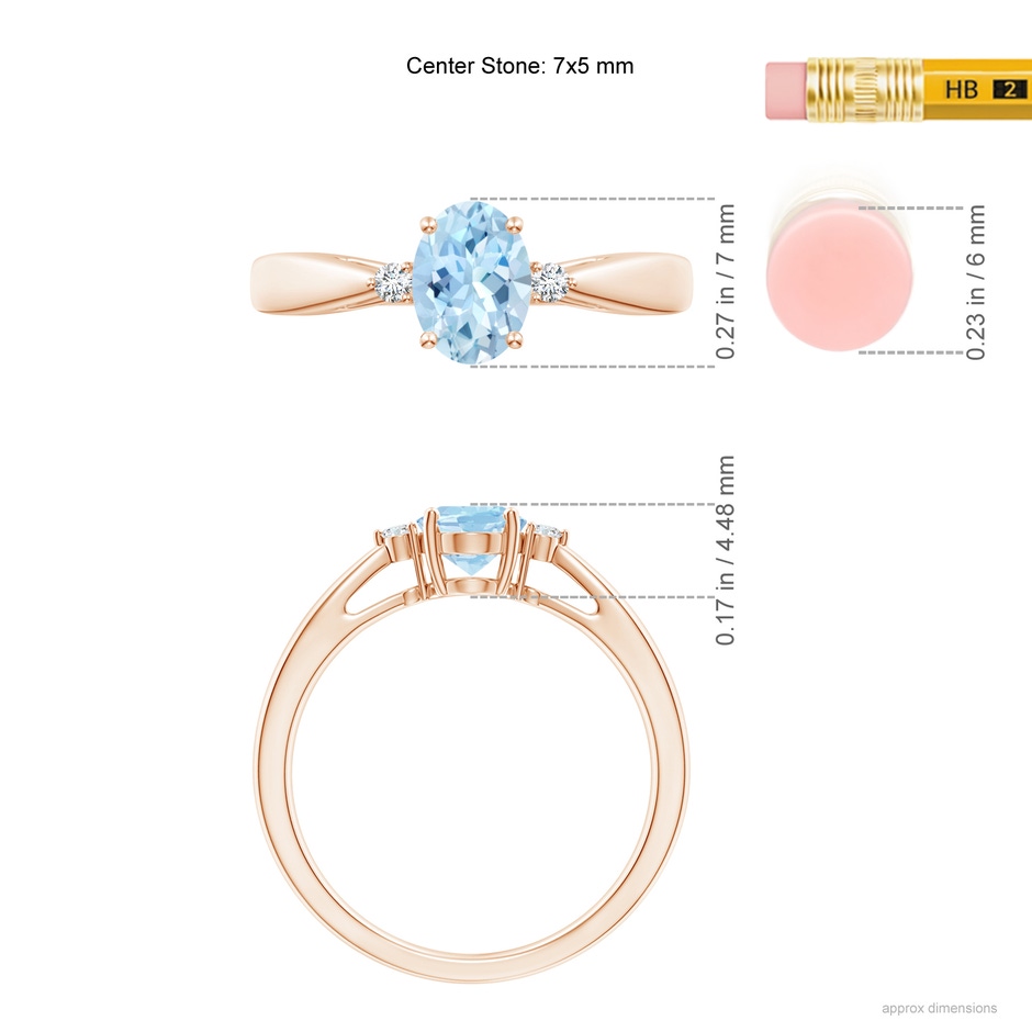 7x5mm AAA Tapered Shank Aquamarine Solitaire Ring with Diamond Accents in Rose Gold ruler
