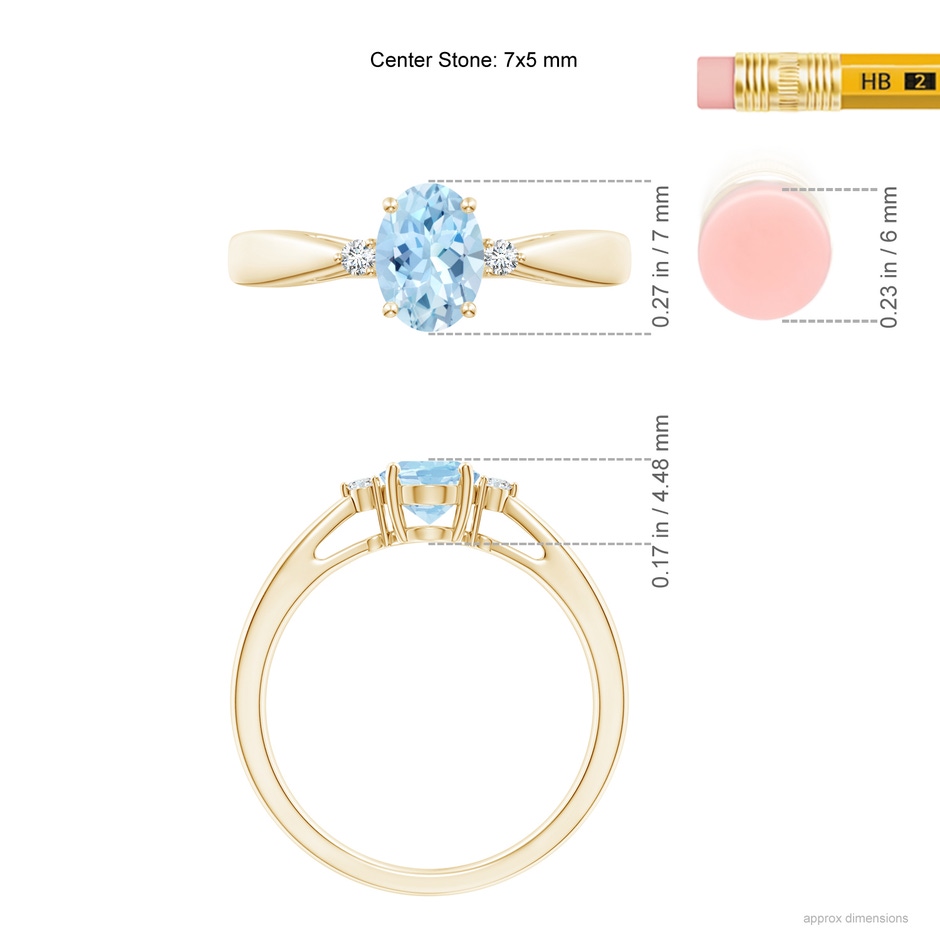7x5mm AAA Tapered Shank Aquamarine Solitaire Ring with Diamond Accents in Yellow Gold ruler