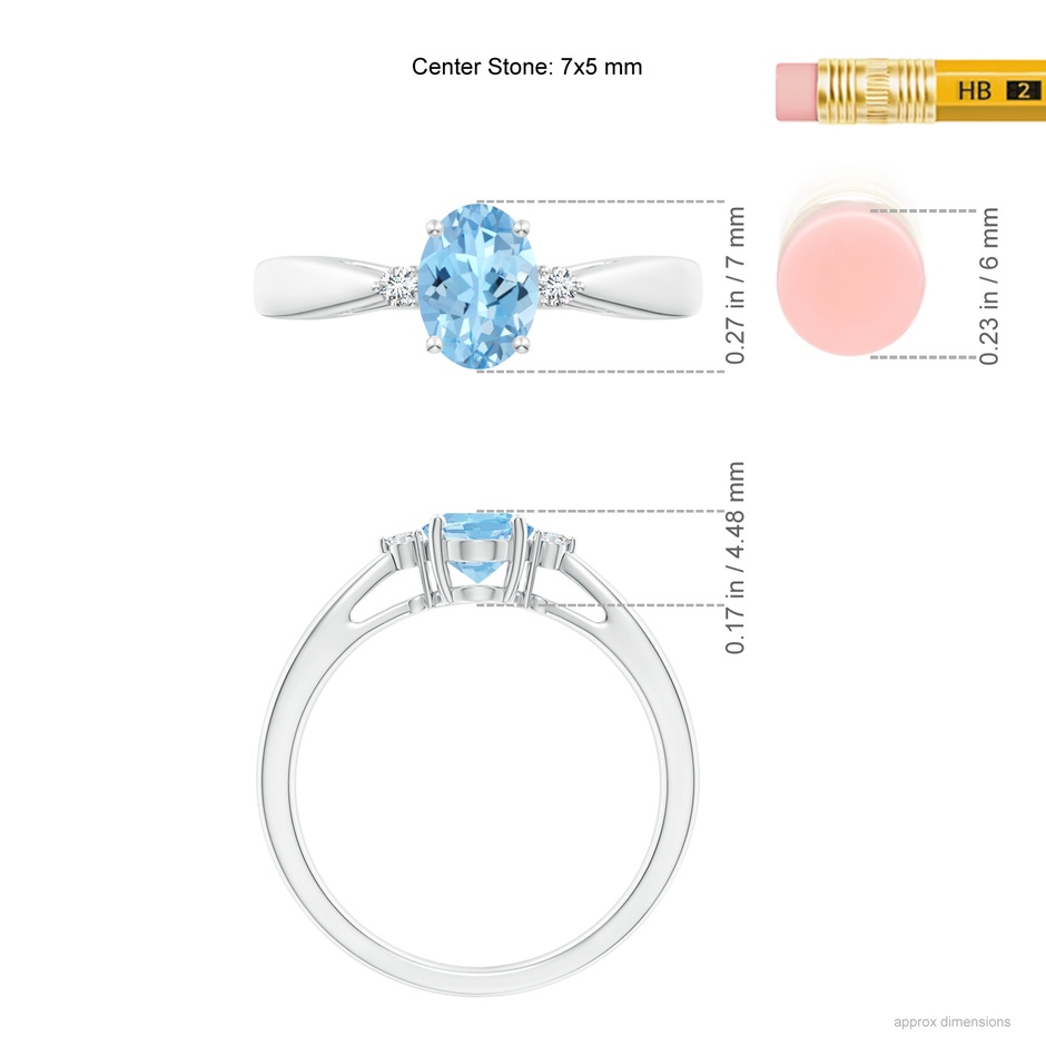 7x5mm AAAA Tapered Shank Aquamarine Solitaire Ring with Diamond Accents in White Gold ruler