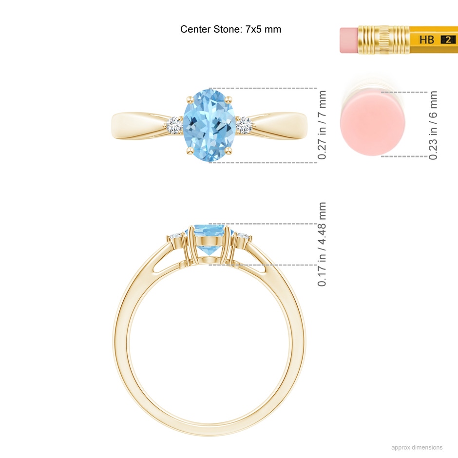 7x5mm AAAA Tapered Shank Aquamarine Solitaire Ring with Diamond Accents in Yellow Gold ruler
