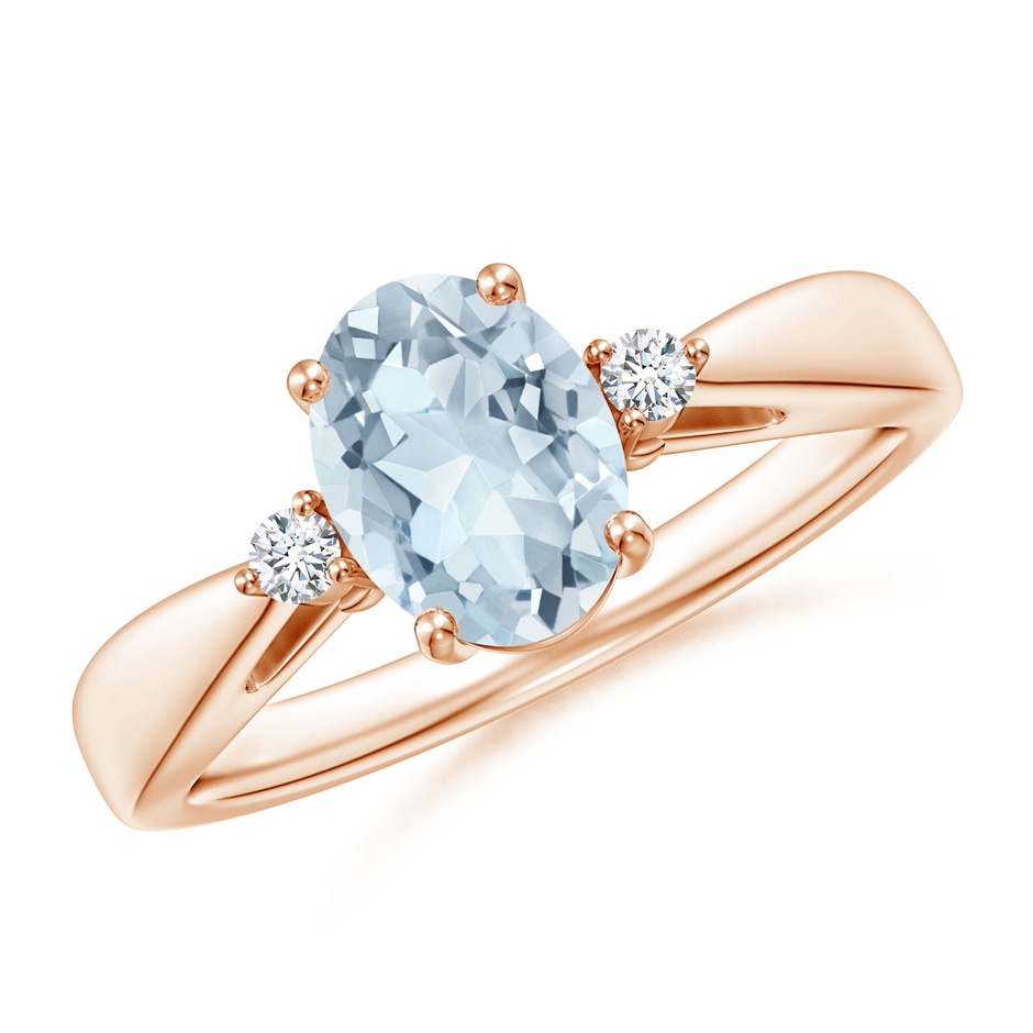 8x6mm A Tapered Shank Aquamarine Solitaire Ring with Diamond Accents in 18K Rose Gold 