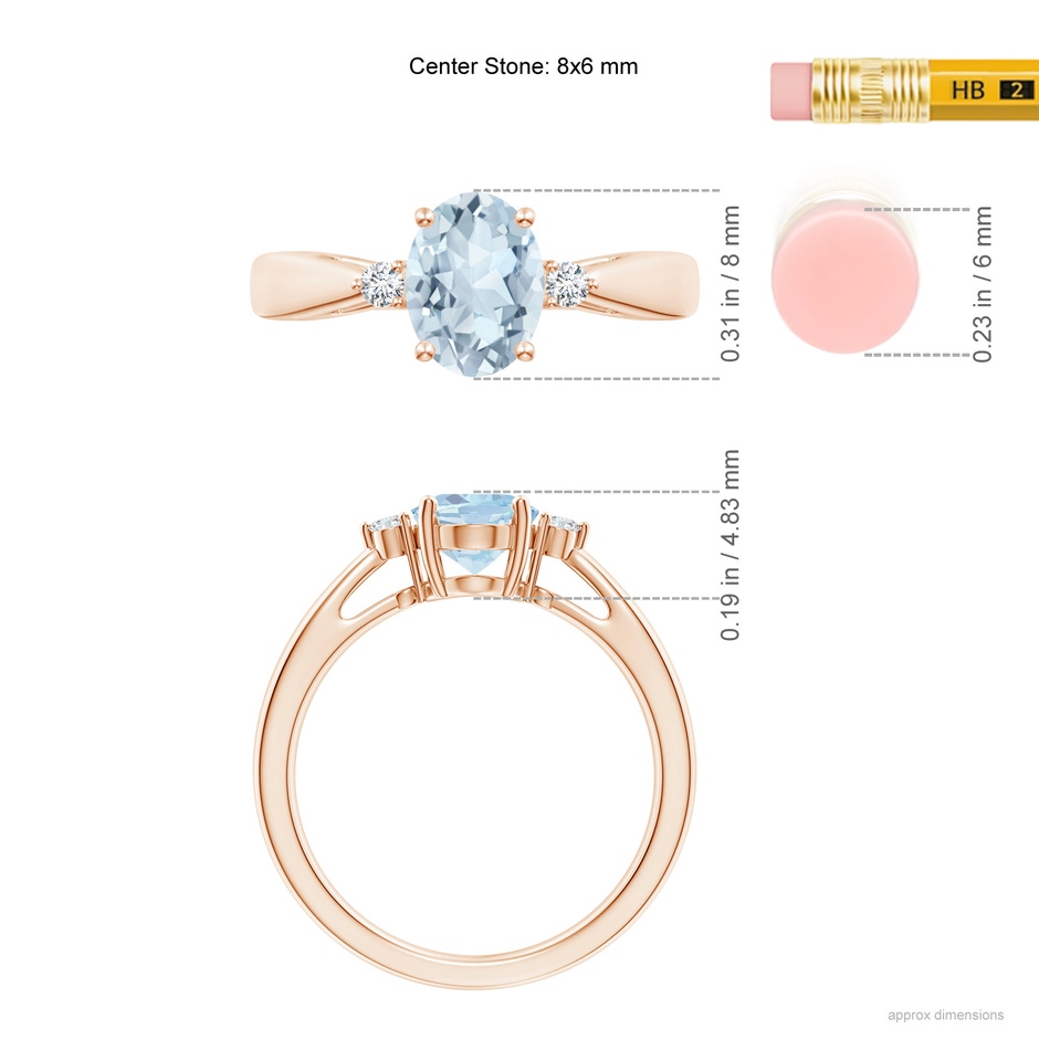 8x6mm A Tapered Shank Aquamarine Solitaire Ring with Diamond Accents in 18K Rose Gold ruler