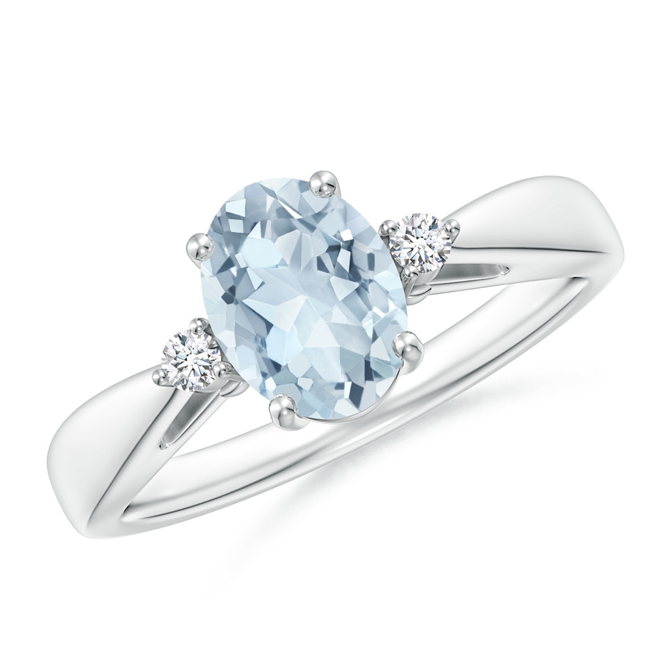 8x6mm A Tapered Shank Aquamarine Solitaire Ring with Diamond Accents in 18K White Gold 