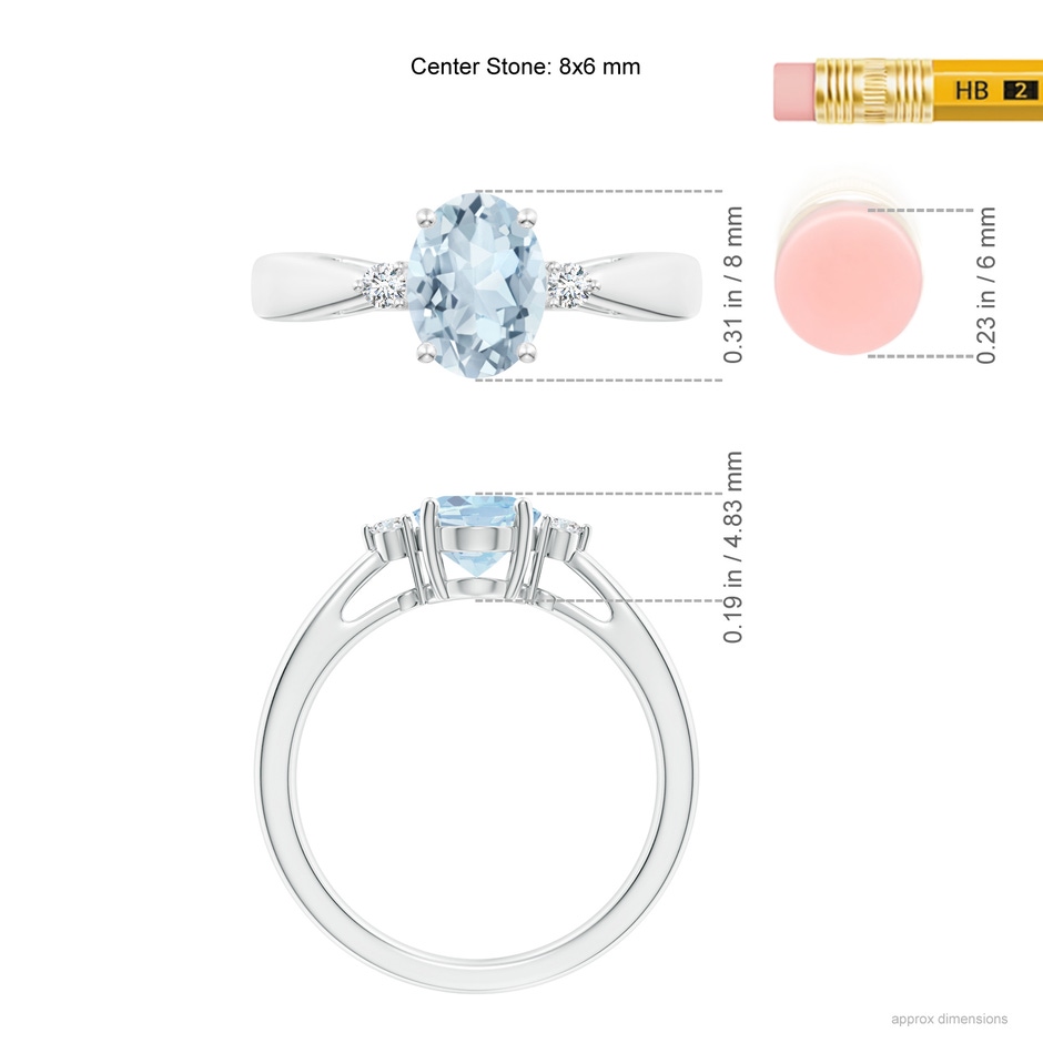 8x6mm A Tapered Shank Aquamarine Solitaire Ring with Diamond Accents in 18K White Gold ruler