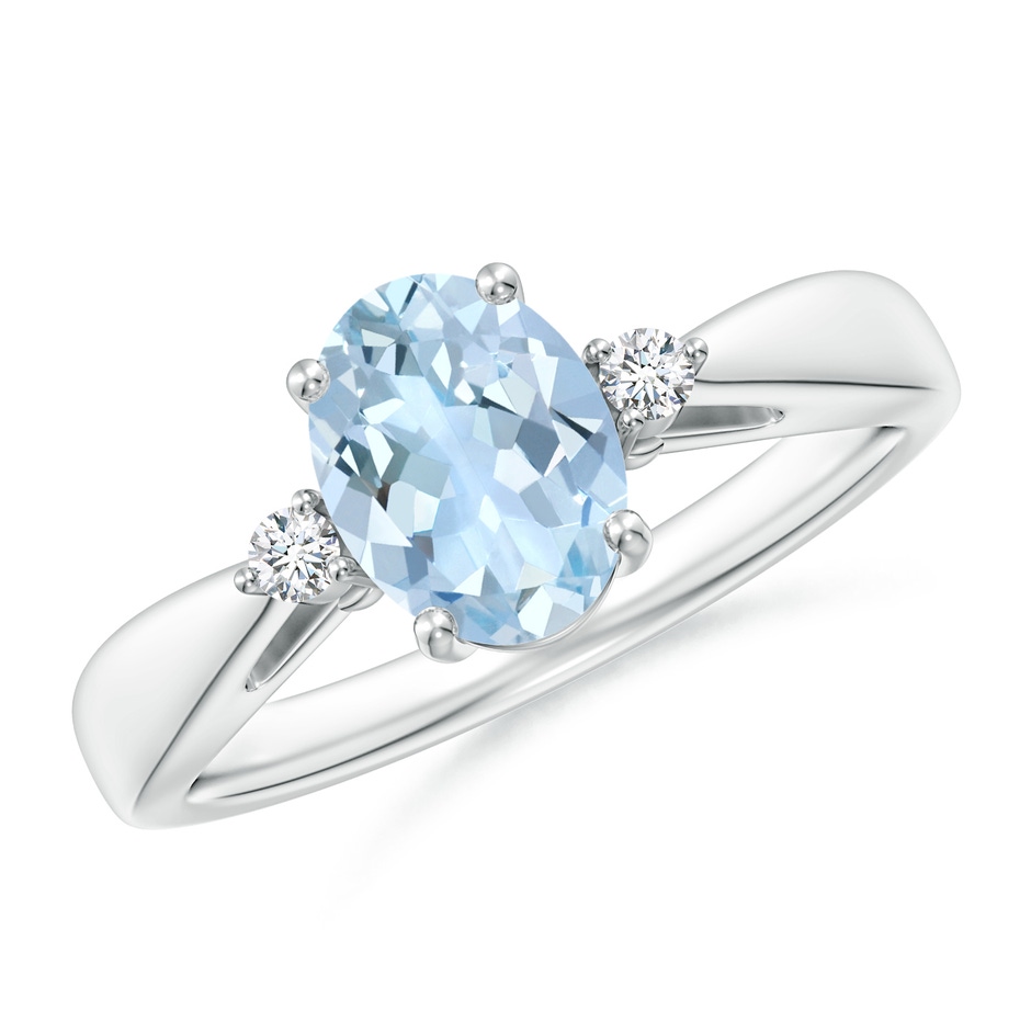 8x6mm AA Tapered Shank Aquamarine Solitaire Ring with Diamond Accents in 18K White Gold 