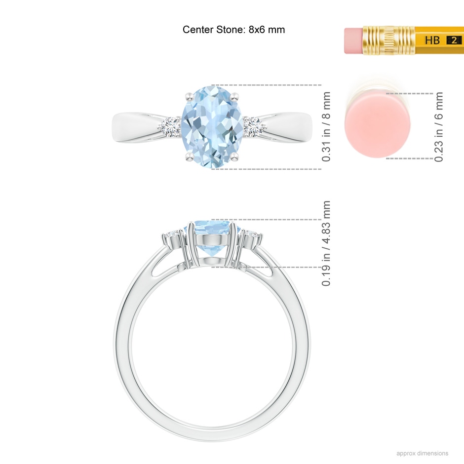 8x6mm AA Tapered Shank Aquamarine Solitaire Ring with Diamond Accents in 18K White Gold ruler