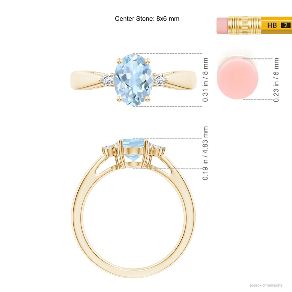 8x6mm AA Tapered Shank Aquamarine Solitaire Ring with Diamond Accents in Yellow Gold ruler