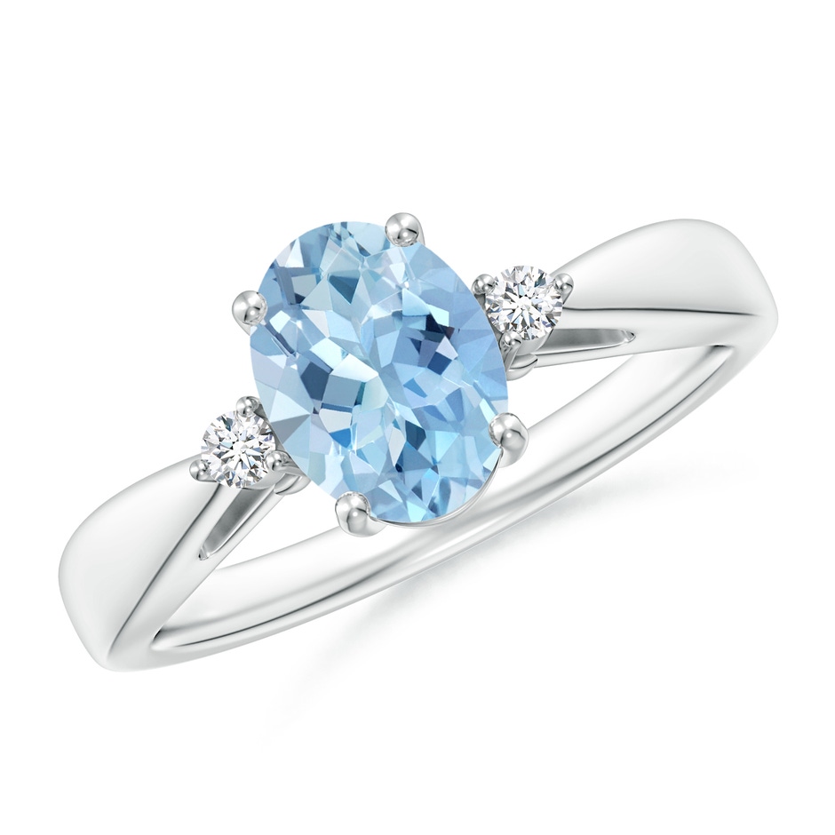 8x6mm AAA Tapered Shank Aquamarine Solitaire Ring with Diamond Accents in 18K White Gold 