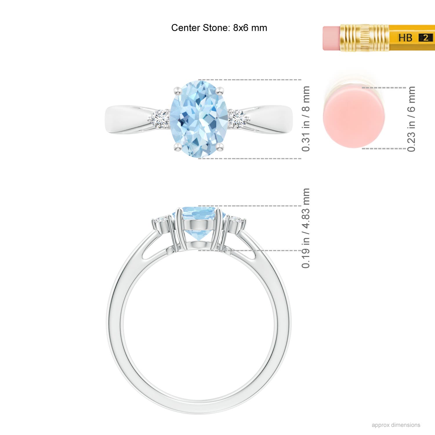 8x6mm AAA Tapered Shank Aquamarine Solitaire Ring with Diamond Accents in 18K White Gold - ruler
