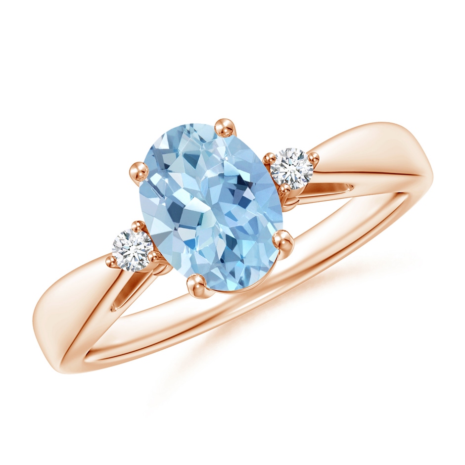 8x6mm AAA Tapered Shank Aquamarine Solitaire Ring with Diamond Accents in Rose Gold 
