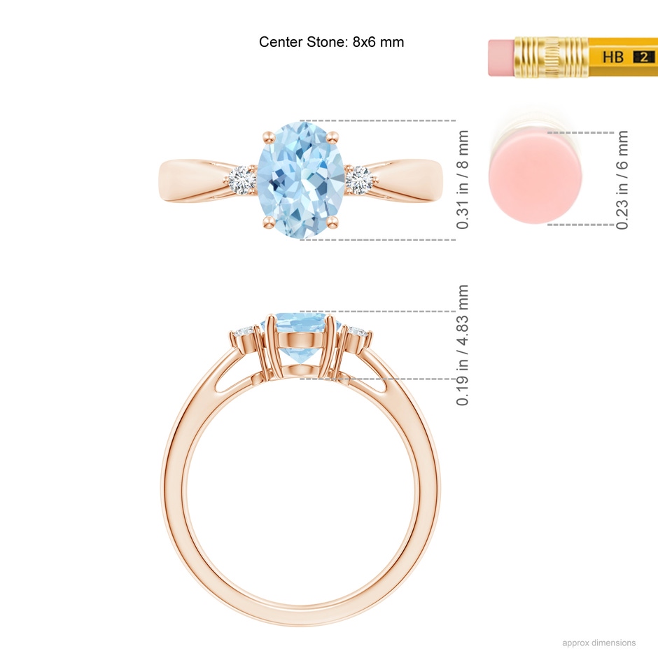 8x6mm AAA Tapered Shank Aquamarine Solitaire Ring with Diamond Accents in Rose Gold ruler