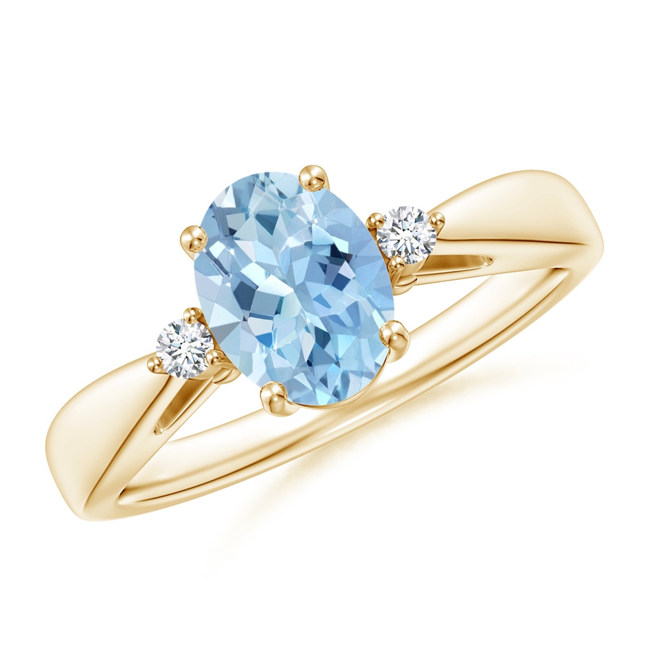 8x6mm AAA Tapered Shank Aquamarine Solitaire Ring with Diamond Accents in Yellow Gold 