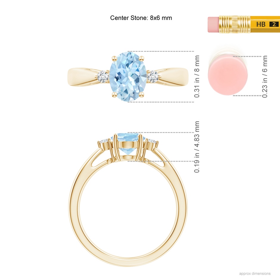 8x6mm AAA Tapered Shank Aquamarine Solitaire Ring with Diamond Accents in Yellow Gold ruler