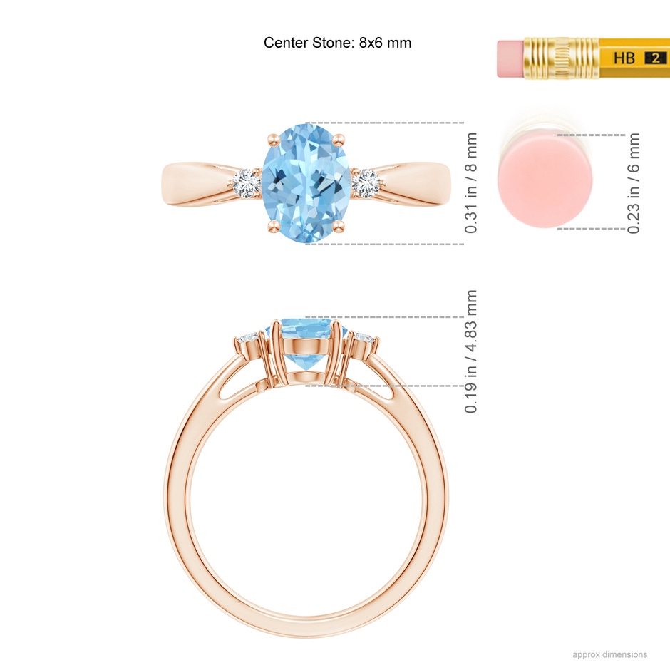 8x6mm AAAA Tapered Shank Aquamarine Solitaire Ring with Diamond Accents in Rose Gold ruler